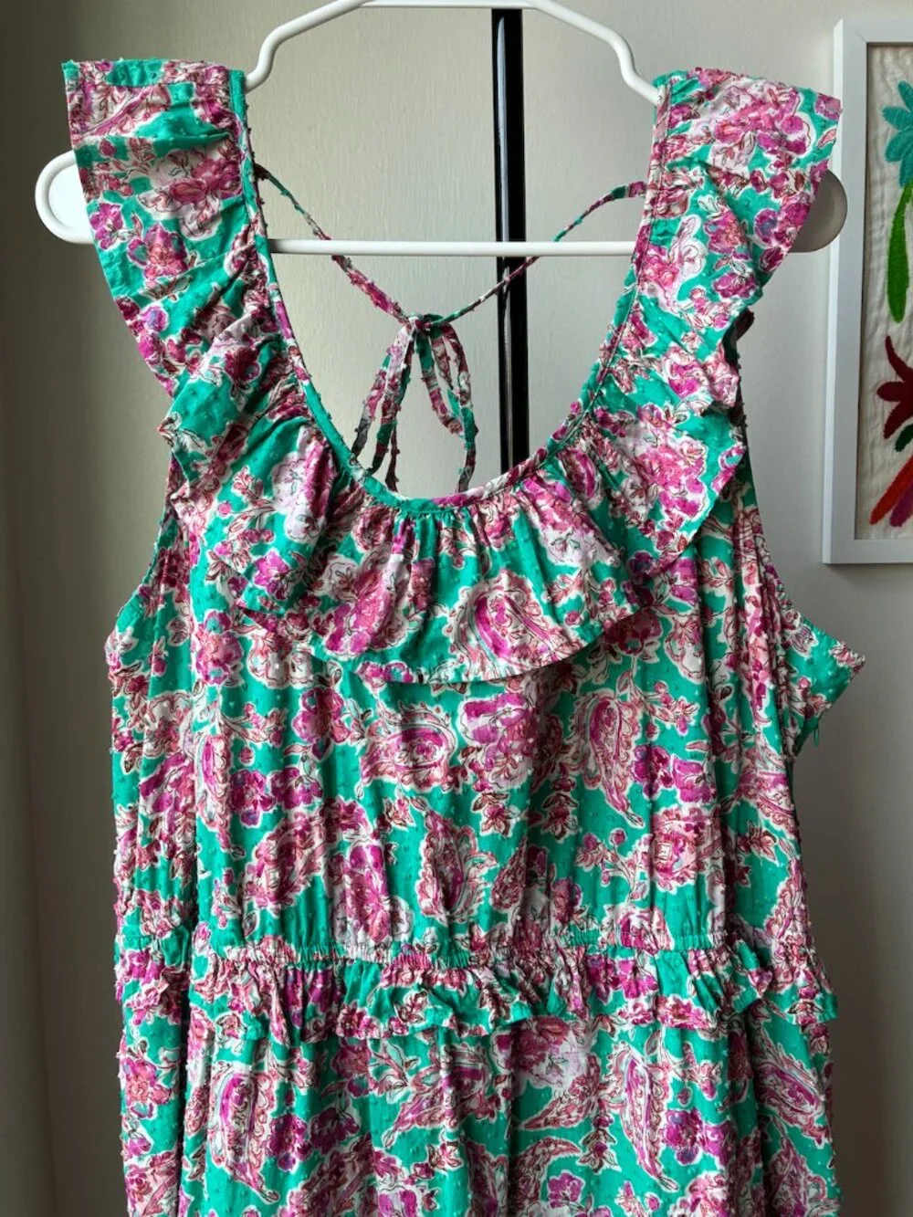 J. Crew	Floral Ruffle Tiered Pink and Green Midi Dress - Size 20